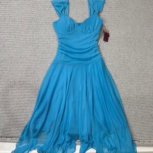 Byer Too! Mesh Midi Dress Ruched Small Turquoise Y2K Vintage Deadstock 2000s